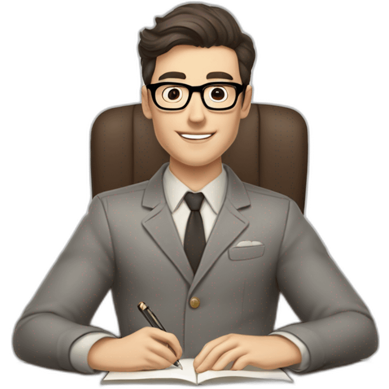 Pale skinned Fit Man With dark brown hair in gray jacket, beige office shirt and vintage glasses sitting In a soft chair with a notebook with emblem Ψ and a pen in his hands emoji