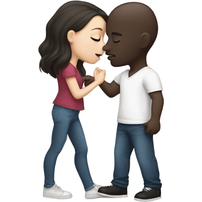 White girl dark hair kissing bald black man emoji