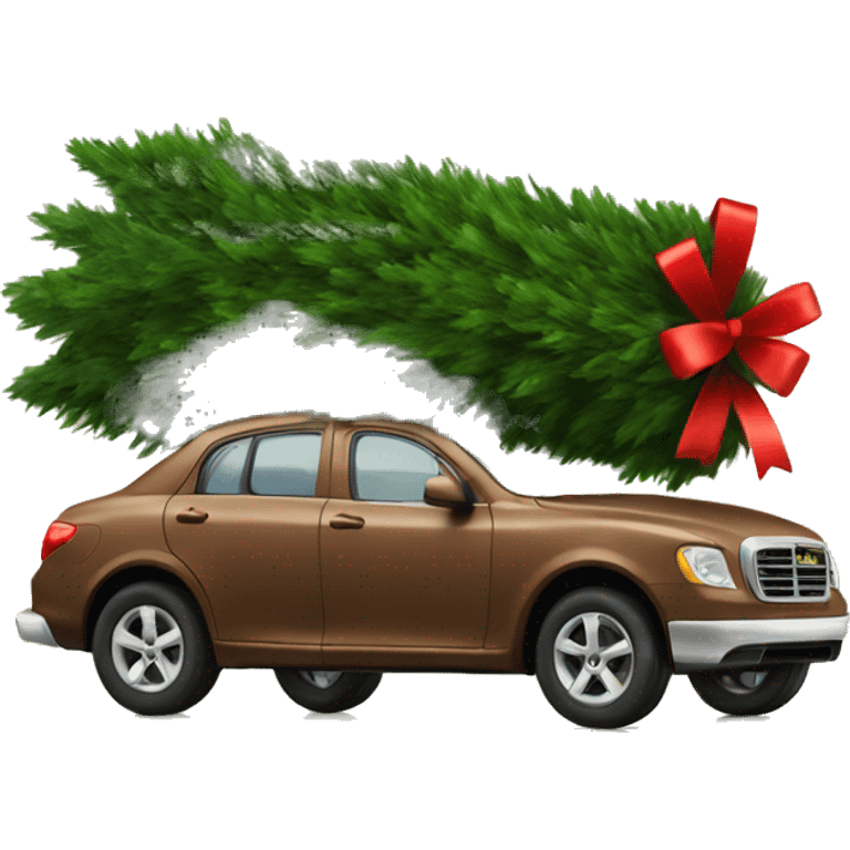 a brown car carries a beautiful Christmas tree emoji