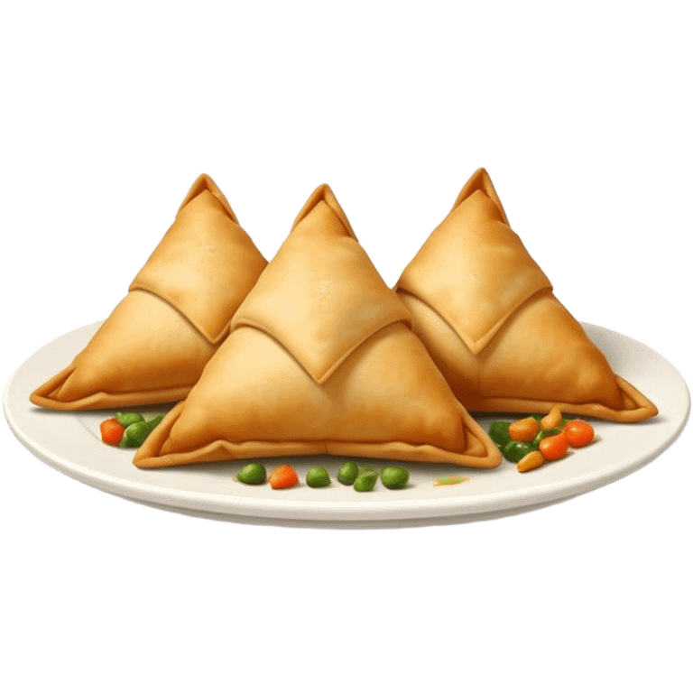 Cinematic Realistic Samosas Dish Emoji, depicted as golden, crispy pastry pockets filled with spiced vegetables rendered with detailed textures and appetizing lighting. emoji