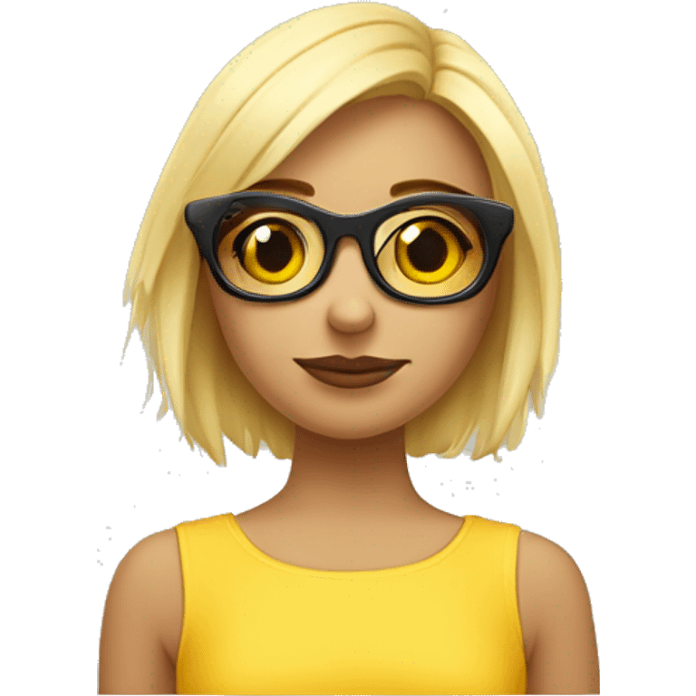 Chica rubia con el pelo corto, morenita de cara, con gafas amarillas finas, delgada y muy ris emoji