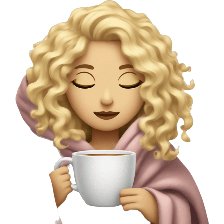 Blonde  hair curly girl inside a blanket sipping coffee eyes closed emoji