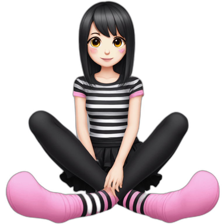 full body Front view emo girl sits on the floor black skirt pink knickers long striped socks emoji