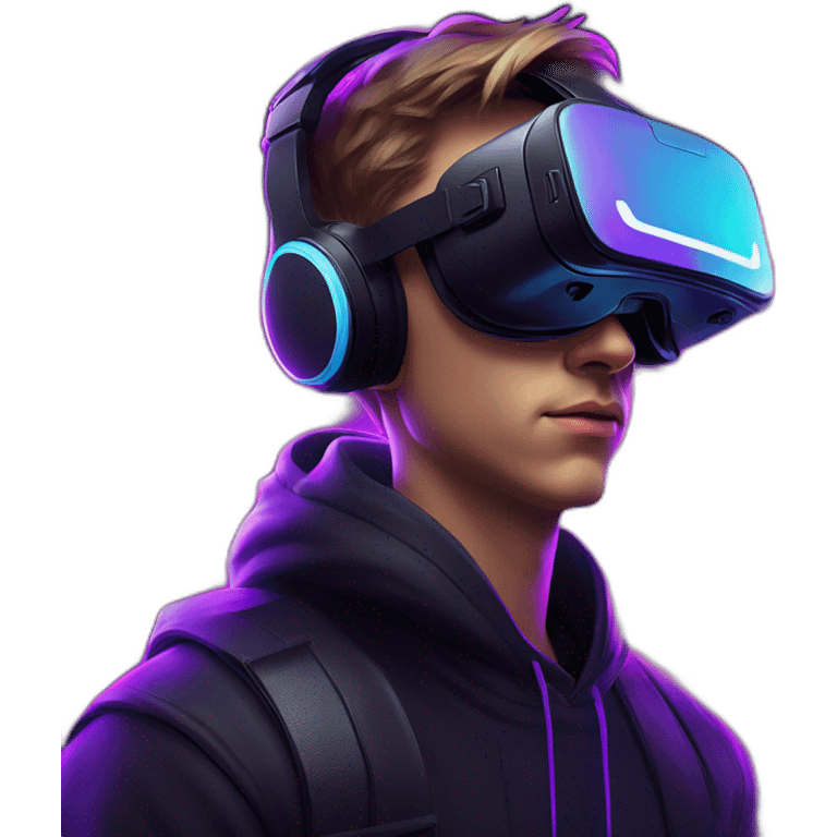 Russian young man wearing a black hoodie with "OMG" letters on it and VR headset in a cyberpunk VR environment with violet neon lighting. emoji