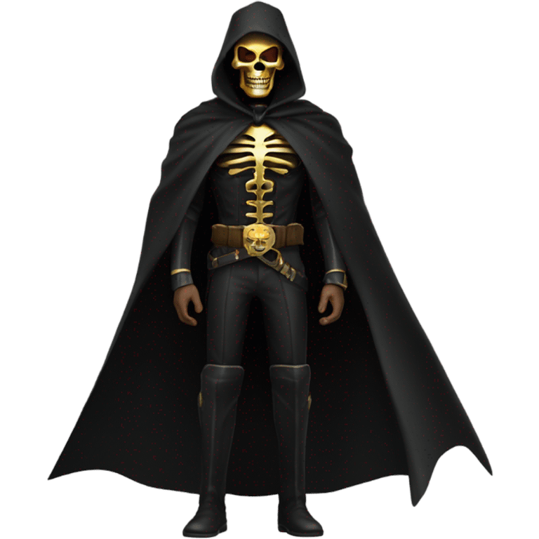 Bounty Hunter Boss with black cape and a gold skull jaw mask from death Stranding, full body view emoji