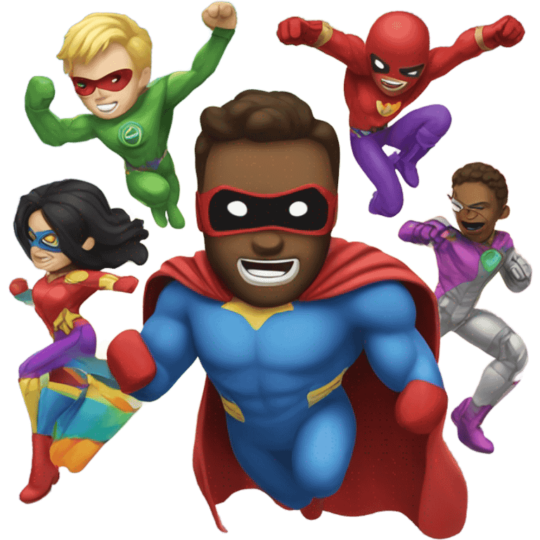 super hero fighting villains with a rainbow suit emoji