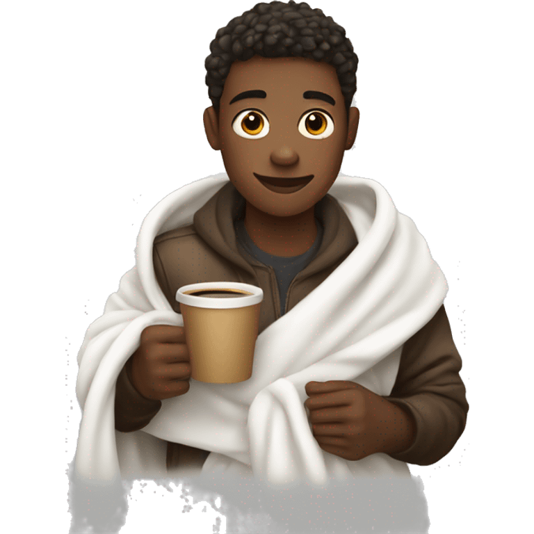 boy with a white blanket and coffee in hands   emoji