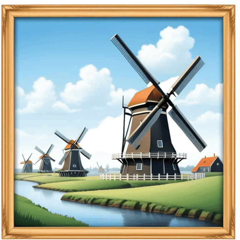 Cinematic Realistic Kinderdijk Windmills Landmark Emoji, depicted as a row of classic Dutch windmills set against a serene sky rendered with detailed textures and soft natural lighting. emoji