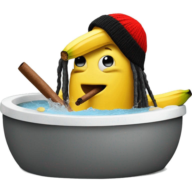 banana with goatee and dreads with a red yellow and black beanie smoking a cigar in a hot tub emoji