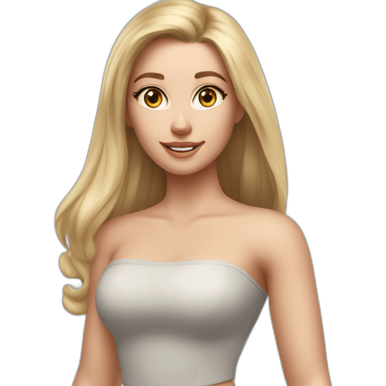 hyperrealistic caucasian long blonde hair brown perfect eyes woman white v-neck strapless top gray tight mini skirt walking towards camera emoji