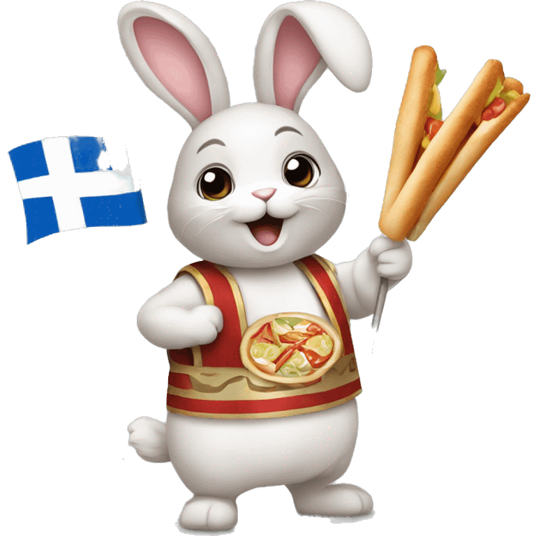 Easter bunny wearing a Greek flag holding a gyros emoji