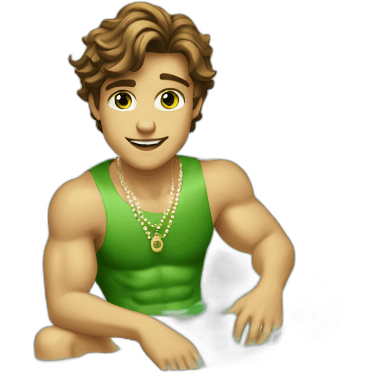 Posh-muscle-boy-brown-hair-green-eyes-pearl-necklace-in-golden-bathtub emoji