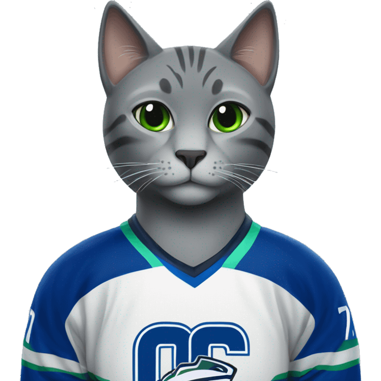 Grey cat wearing a canucks hockey jersey emoji