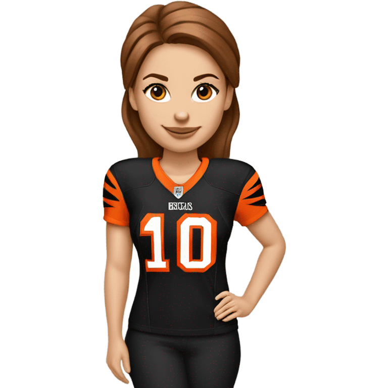 Caucasian ￼women with brown hair wearing a Cincinnati bengals jersey emoji