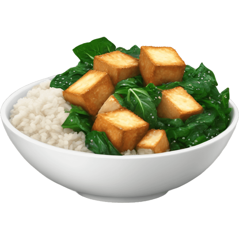 a bowl with white rice and crispy sesame tofu and spinach emoji