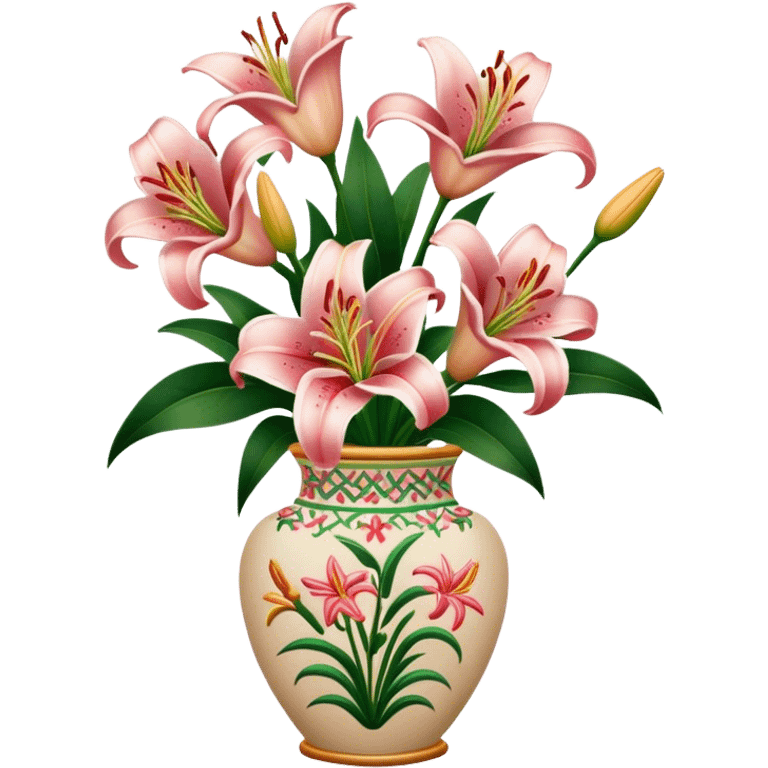 Lilies in embroided vase  emoji