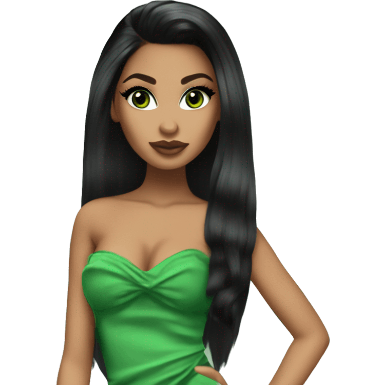 Bratz, club, cocktail dress, black balayage hair, half up half down hair, olive skin, green almond winged eyeliner with big lashes emoji