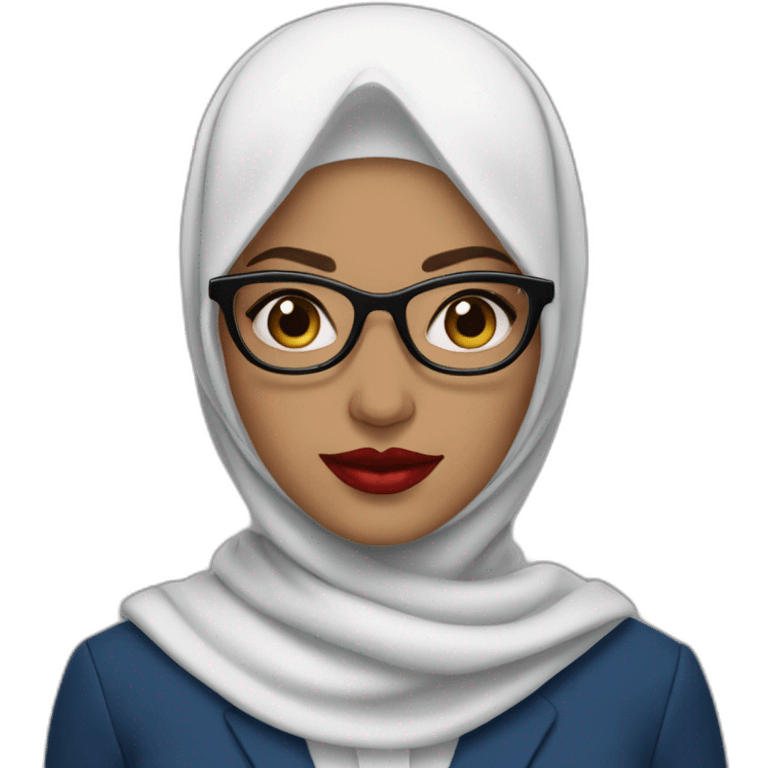 Hijabi white woman with glasses and dark brown eyes wearing a blue suit and red lipstick emoji