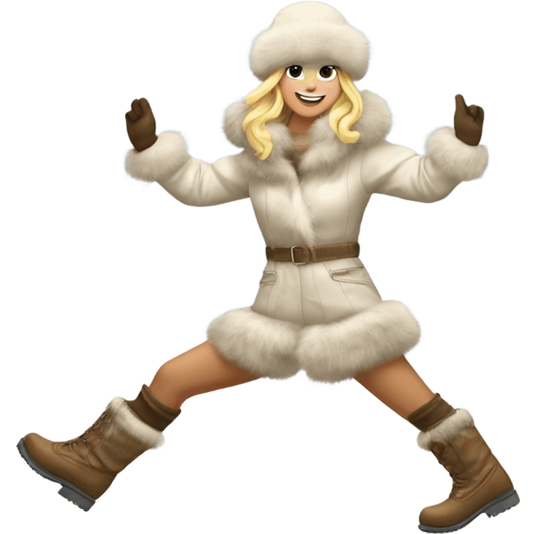 blonde girl in a fur hat dancing in the snow full body fur boots emoji