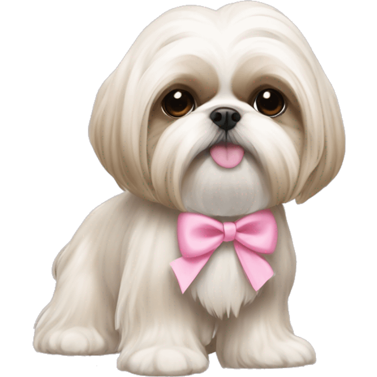 light platinum blonde shih tzu with mid long hair, pink bow, brown eyes emoji