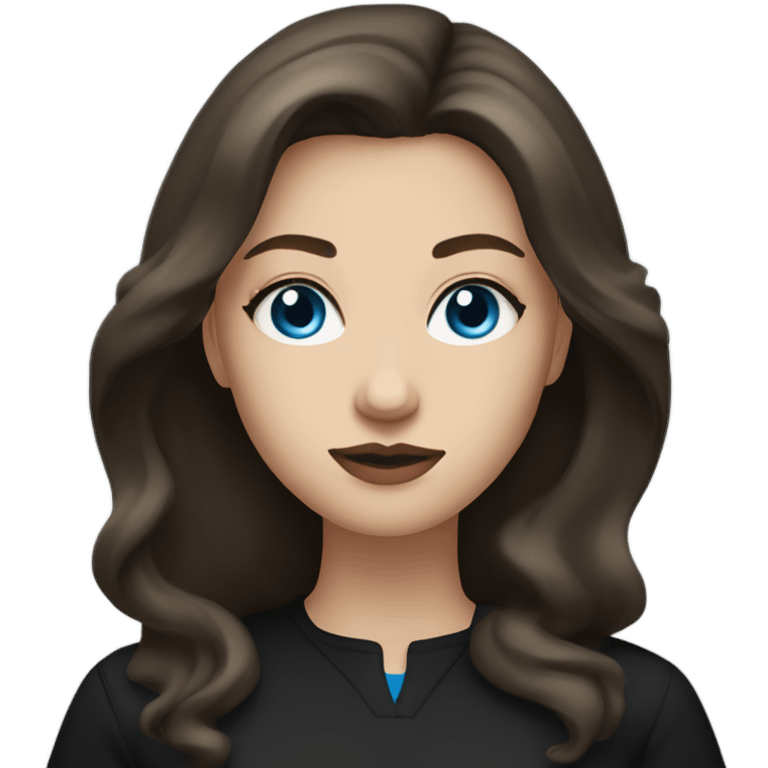 white woman with long mid hair, dark brown hair, blue eyes, round face, uni-lips, wearing a black outfit, stylish. emoji