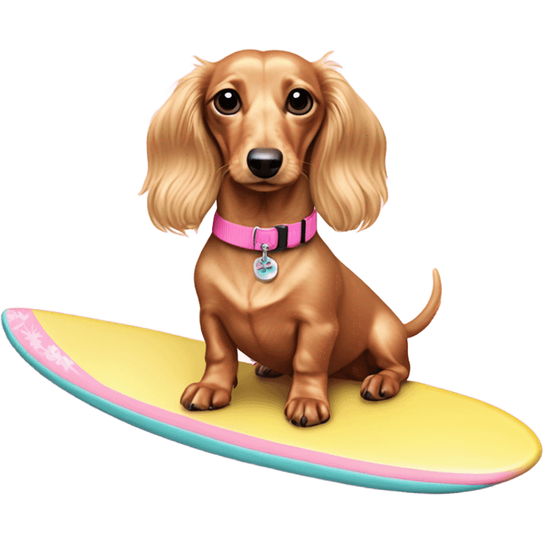 Long haired miniature dachshund cream colour with pink collar  on surfboard emoji