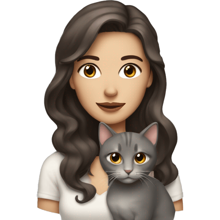 pretty wavy brunette woman with brown eyes holding grey cat emoji