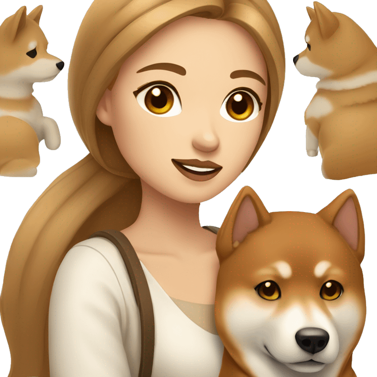 beautiful woman, straight long light brown hair, brown eyes with Shiba Inu emoji