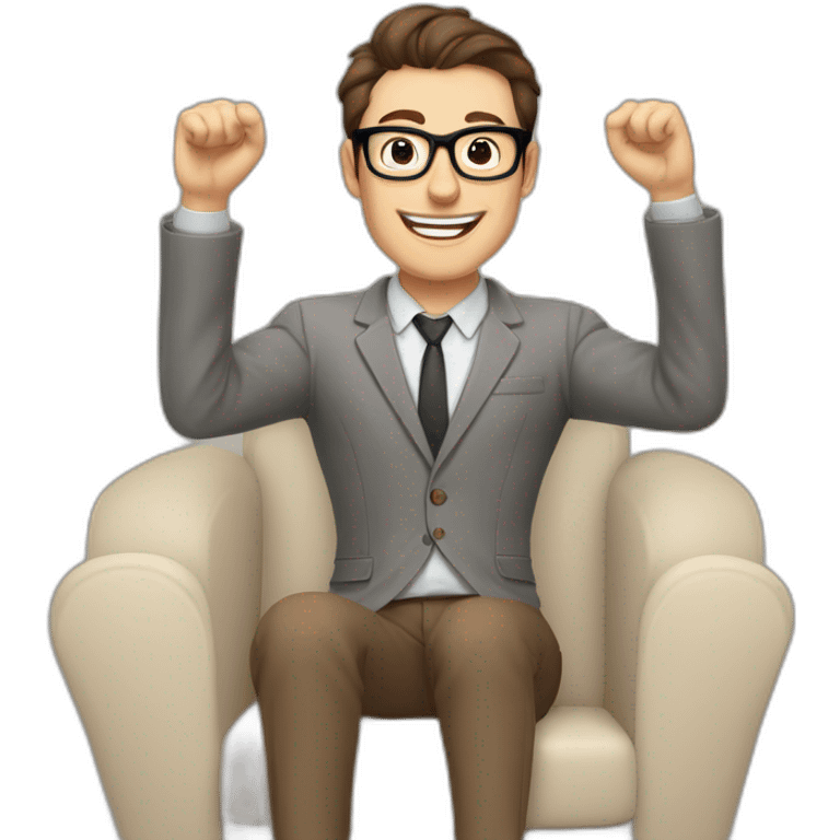 Joyful Celebrating victory Hands up Pale skinned Fit Man With dark brown hair in gray jacket, beige office shirt, Brown pants and vintage glasses sitting In a soft chair emoji