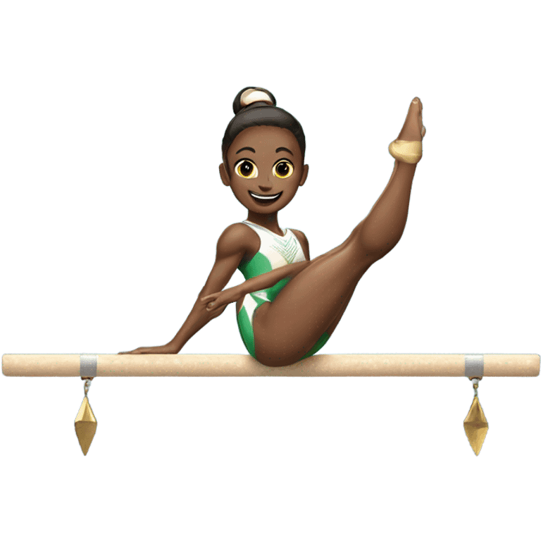 gymnast on beam doing splits while holding a trophy emoji