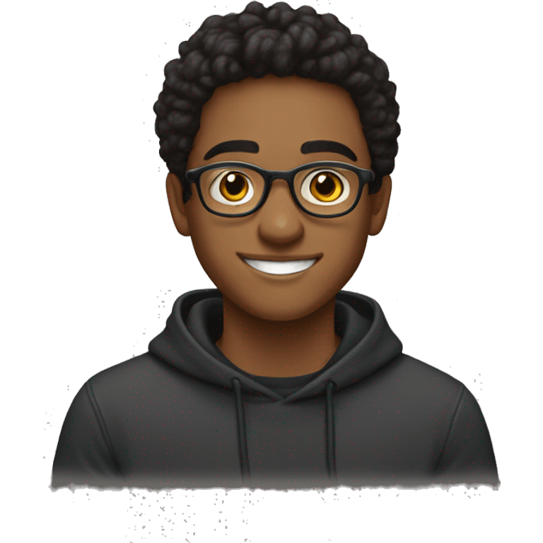 Entrepreneurial 20-year-old boy with black sweatshirt, circular glasses, smiling and straight hair emoji