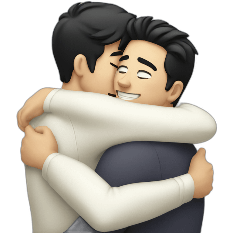 Gay hug between two white men with black hair emoji