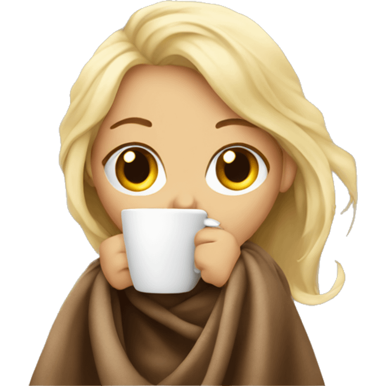 Blonde girl wrapped in big blanket drinking coffee emoji