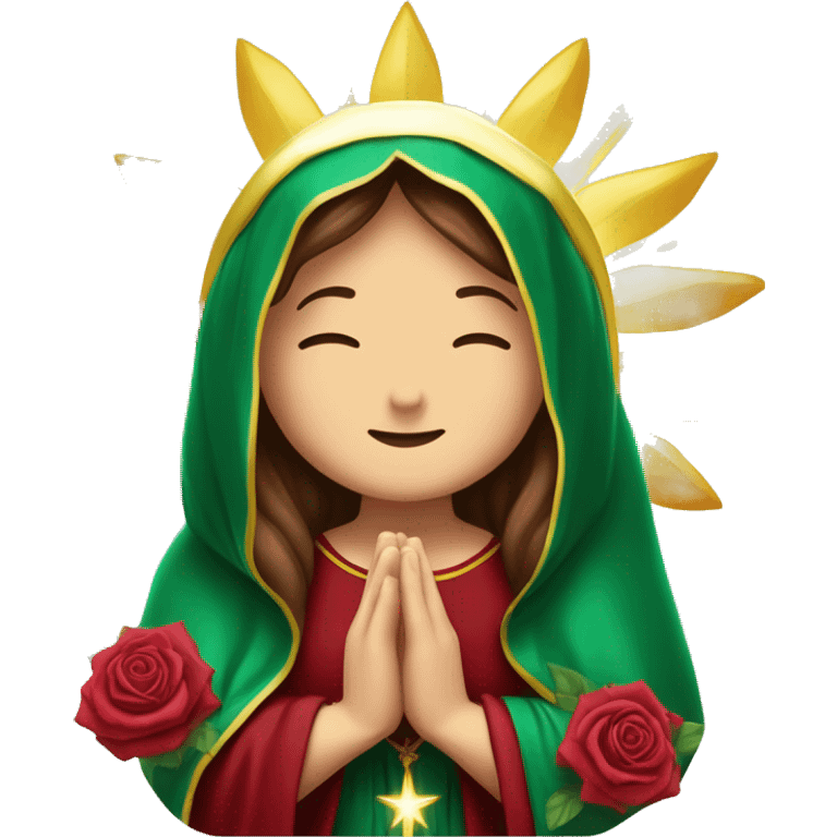 Virgin Mary: kind face looking down at the left, long brown hair, Wearing an emerald green  robe with gold stars and a burgundy red dress,  Hands in prayer or blessing. Halo around her head. standing in front of a big sun. colorful roses on the sides  emoji