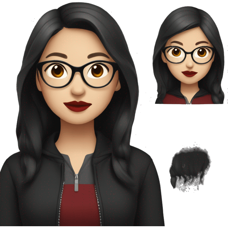 Asian girl in glasses and dark zip up sweater with dark long hair and red lipstick  emoji