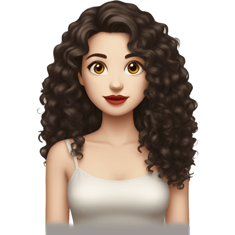 girl, really dark brown hair, curly hair, dark brown eyes, pale skin, red lips, long hair emoji