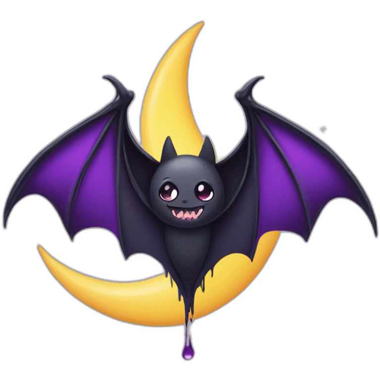 purple black vampire bat wings flying in front of large dripping grey crescent moon emoji