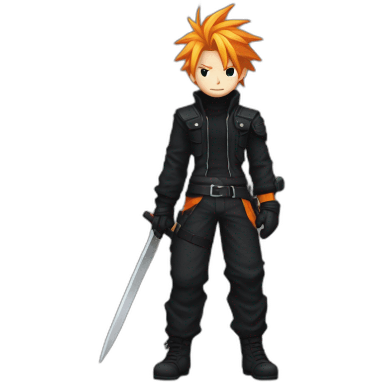 cloud strife  with orange hair. Black clothes full body with Buster  emoji