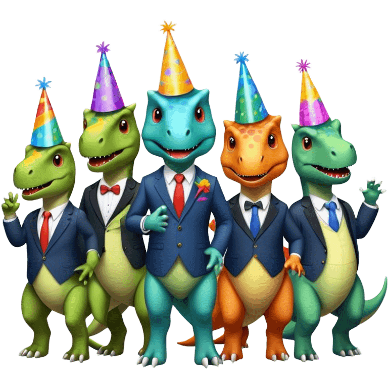 office dinosaurs in suits celebrating birthday emoji