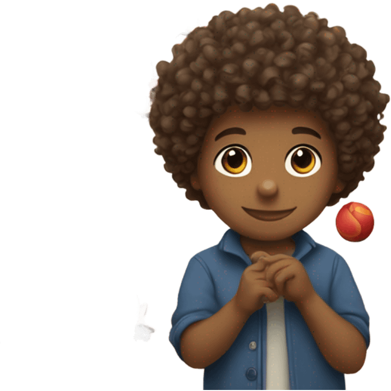 Curly hair little boy with a train in his hand,  emoji