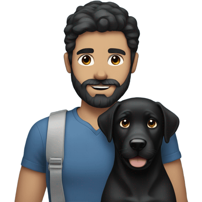 beard man black hair blue eyes face holding black Labrador  emoji