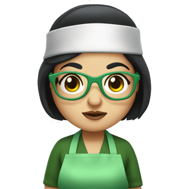 chubby lady with black hair and big eyes green apron  with glasses cooking  emoji