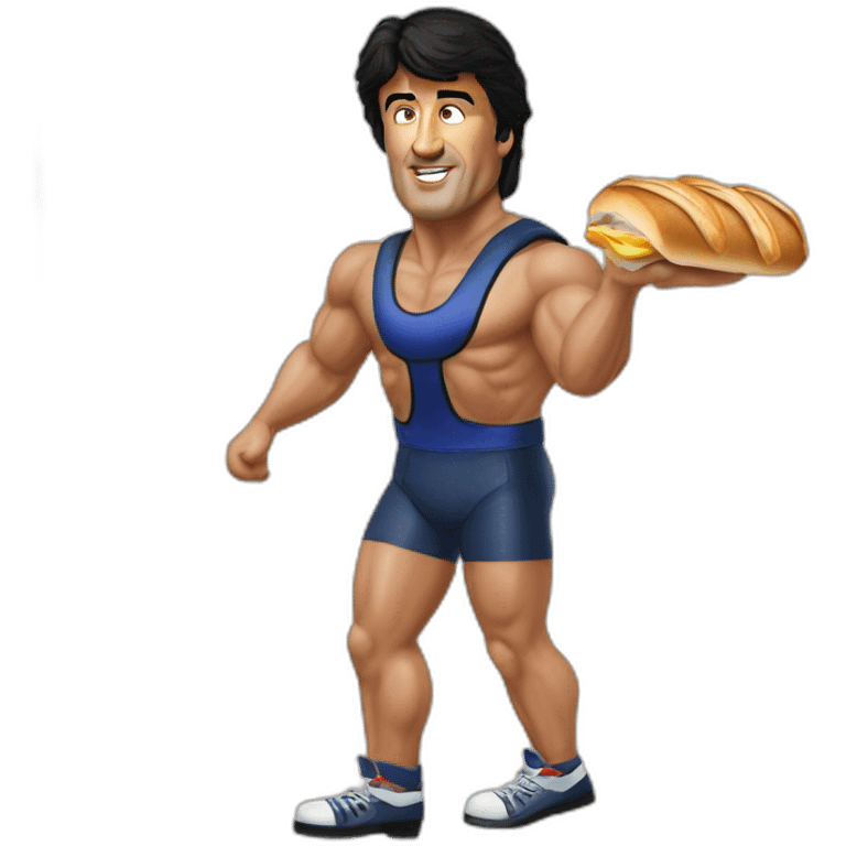 Sylvester Stallone Rambo mankini roller blades eating a baguette emoji