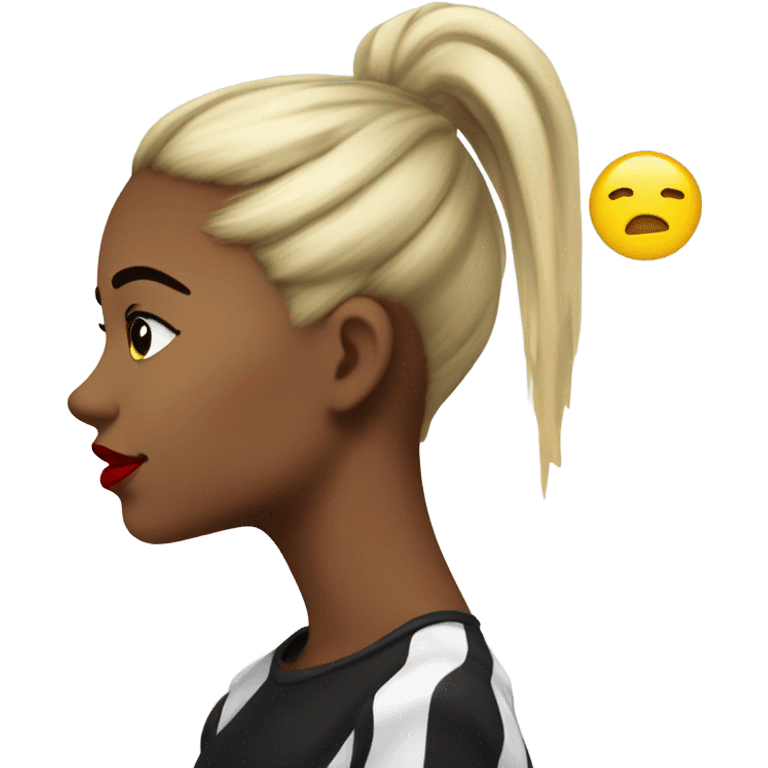 side profile of a yellow emoji with red lips and a black and white ponytail with black hyperpigmentation on her cheek  emoji