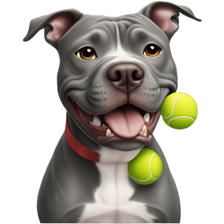 Gray Pit bull with tennis ball in mouth emoji