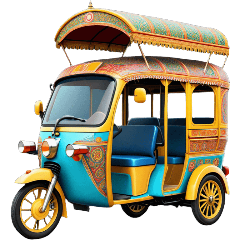 Cinematic Realistic Indian Auto Rickshaw Emoji, depicted as a colorful, bustling auto rickshaw with intricate designs and vibrant hues, rendered with lively textures and dynamic urban lighting that captures its quintessential presence in Indian cities. emoji