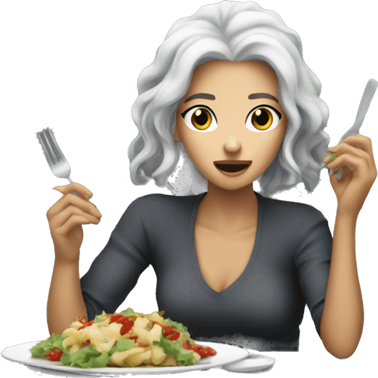 Eating something yummy woman gray hair white eating Damon dinner  emoji