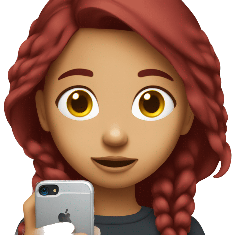 A girl with maroon hair is looking at her phone emoji