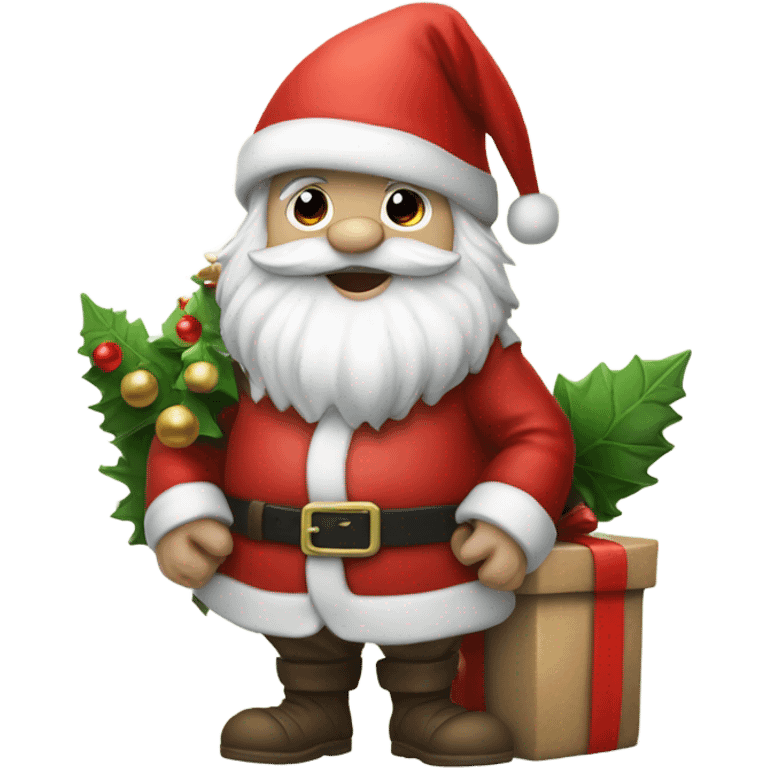 Gnome dressed like santa claus, next to a Cristmass tree and presents  emoji