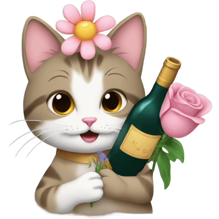 Cat holding flowers and a wine bottle emoji